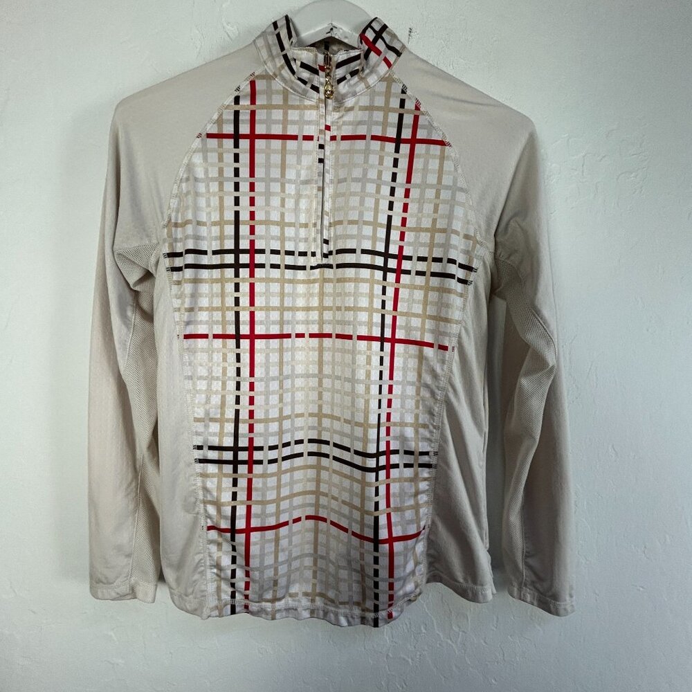 SanSoleil Beige Red Plaid Long Sleeve Mock Neck Golf Shirt Small UPF 50 Stretch